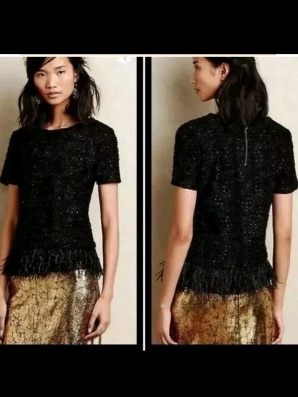 Anthro Black Tweed, Sequin and Feather-Hem Short Sleeve Top